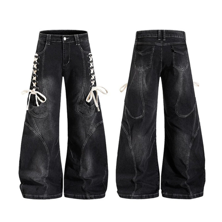 Women's wide high-waisted denim culotte with side lacing and cargo pockets Amarae