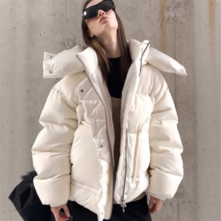 Women Oversize Quilted Puffer Jacket with extra high Stand-up Collar, double Front Zipper and boxy Silhouette Amarae