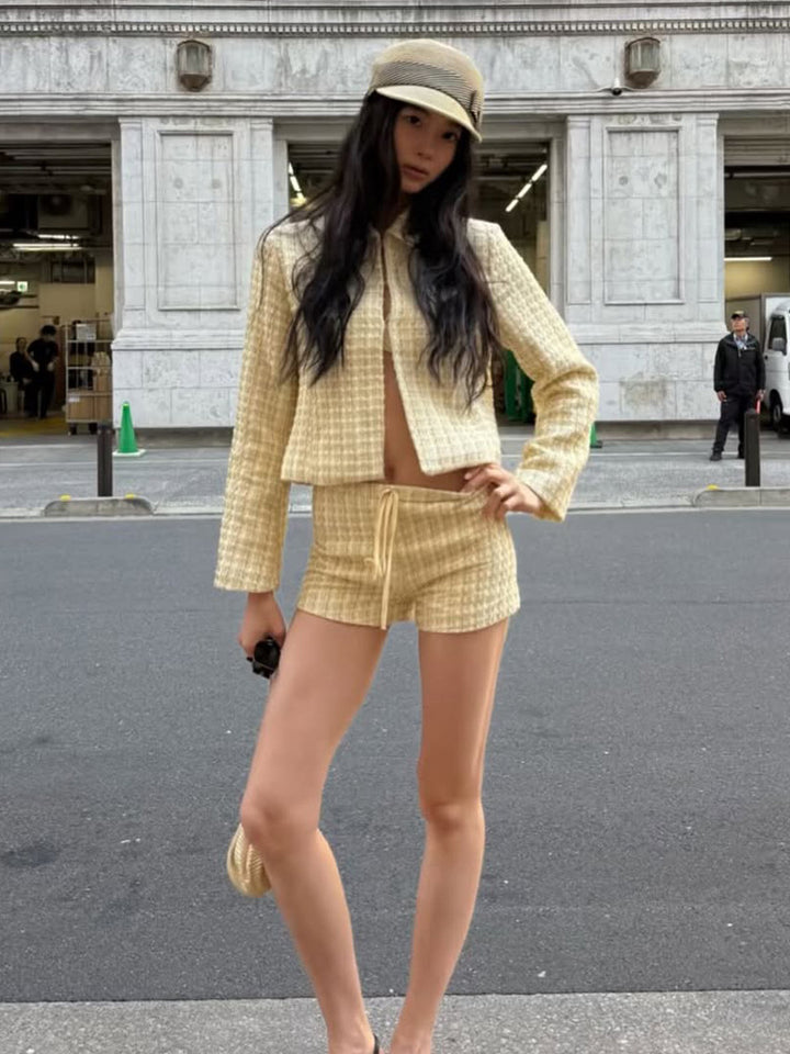 Women Two-Piece Boucle Set with Short Jacket and Drawstring Shorts Amarae