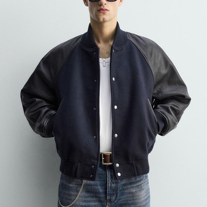 Men's College Bomber Jacket with Wool Body and Leather Sleeves Amarae