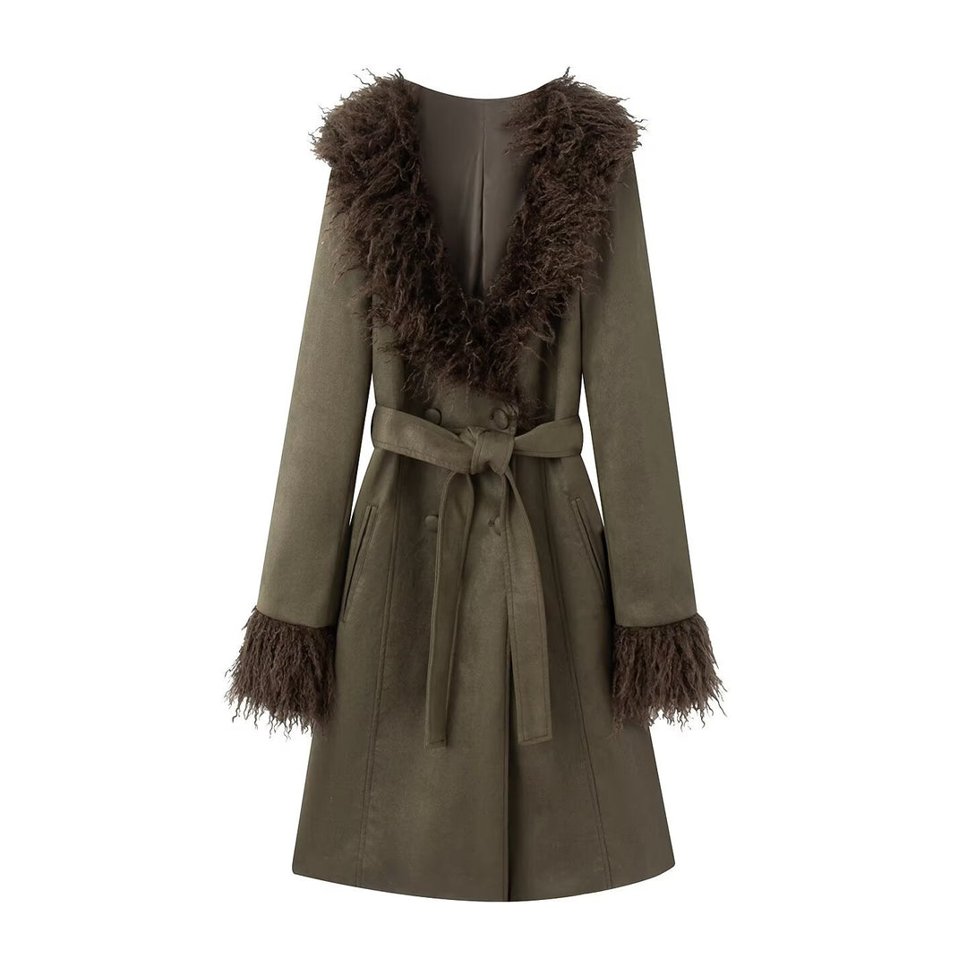 Women’s coat with faux fur shawl collar and belted waist Amarae