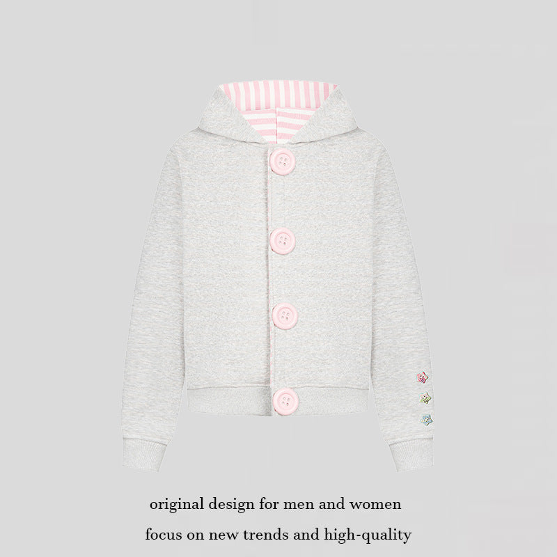 Women's hooded sweat jacket with oversized buttons, striped inner lining, and ribbed cuffs.