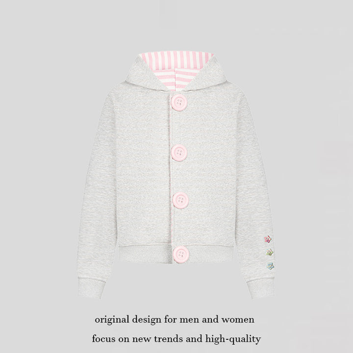 Women's hooded sweat jacket with oversized buttons, striped inner lining, and ribbed cuffs.