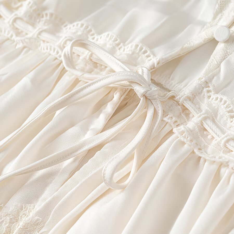 Ladies Romantic Lace Blouse with Drawstring Waist, Ruffled Hem and Balloon Sleeves Amarae