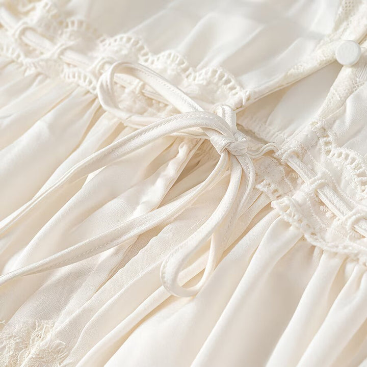 Ladies Romantic Lace Blouse with Drawstring Waist, Ruffled Hem and Balloon Sleeves Amarae