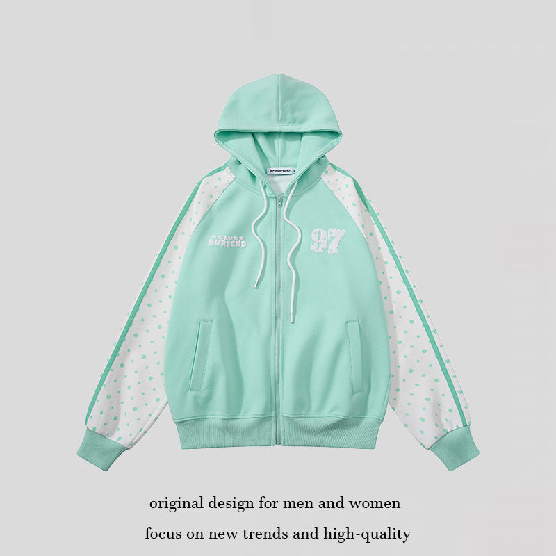 Women's hooded sweatshirt jacket with full zipper, raglan sleeves, and polka dot inserts Amarae
