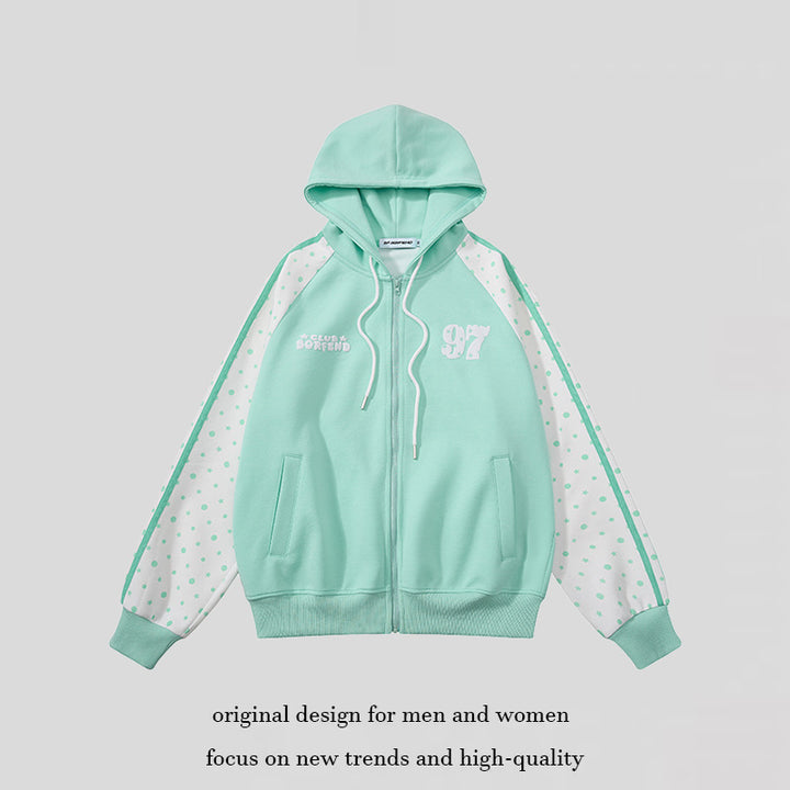 Women's hooded sweatshirt jacket with full zipper, raglan sleeves, and polka dot inserts Amarae