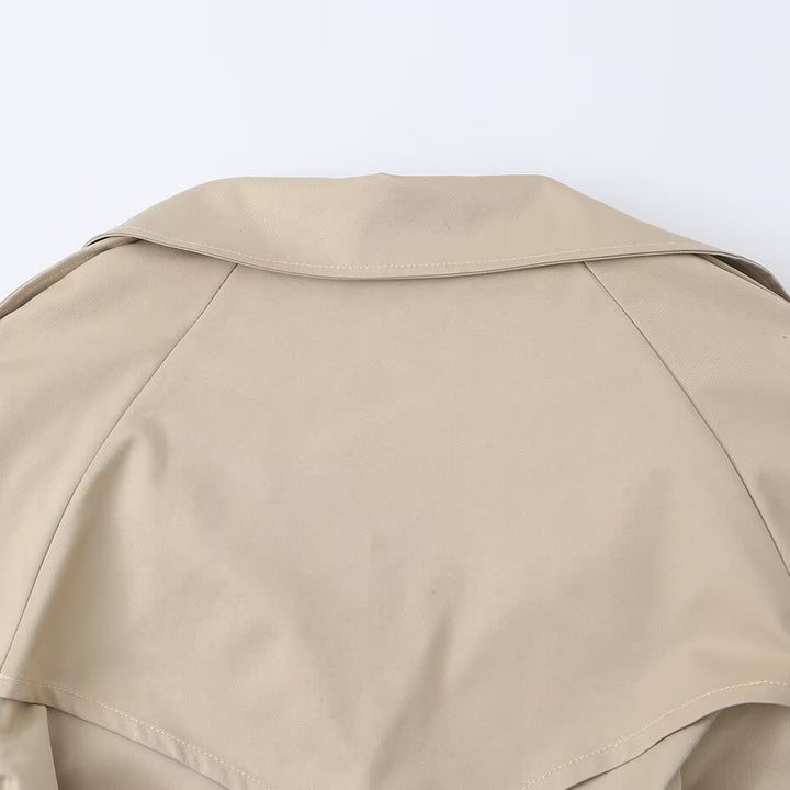 Women Cropped Trench Coat with Waist Belt, Wide Lapels and Cape Detail