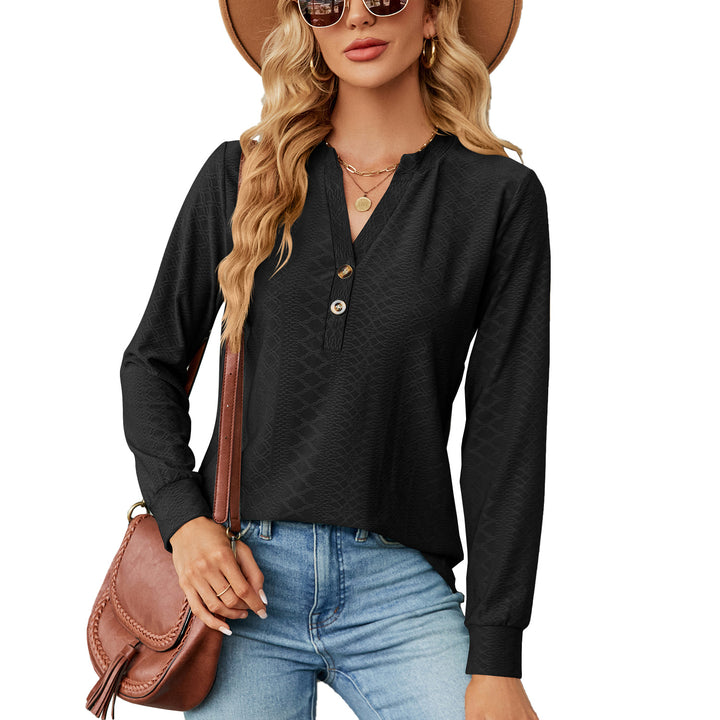 Women's long sleeve t-shirt with trendy Henley neckline and structured design Lune London