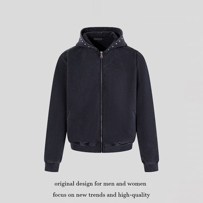 Men's Short Cut Zip Hooded Jacket made of Velour with Studded Hood Amarae