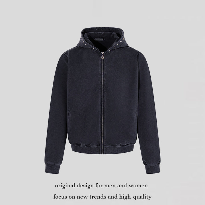 Men's Short Cut Zip Hooded Jacket made of Velour with Studded Hood Amarae