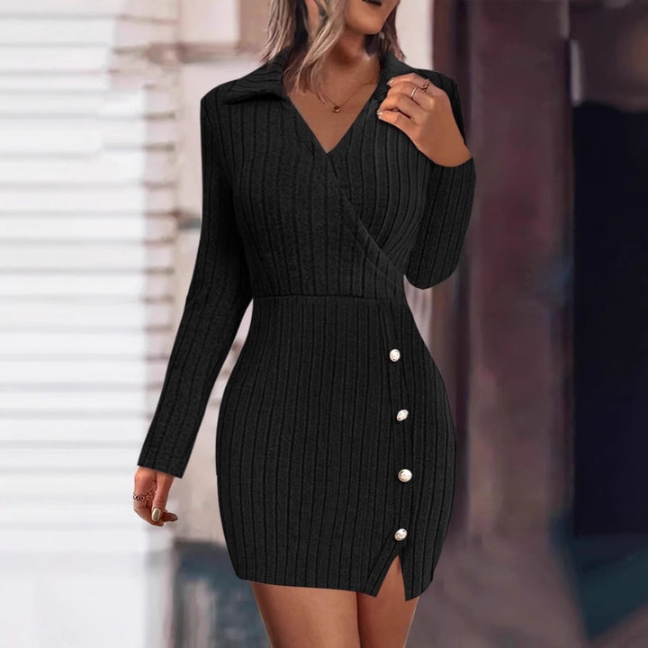 Knit dress for women with V-neckline and button details Lune London