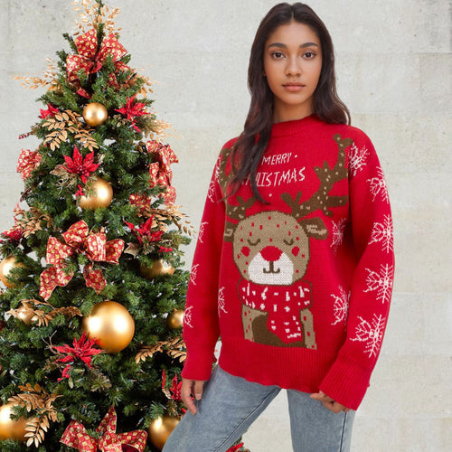 Christmas sweater for women with a cute reindeer pattern and winter snowflakes Amarae