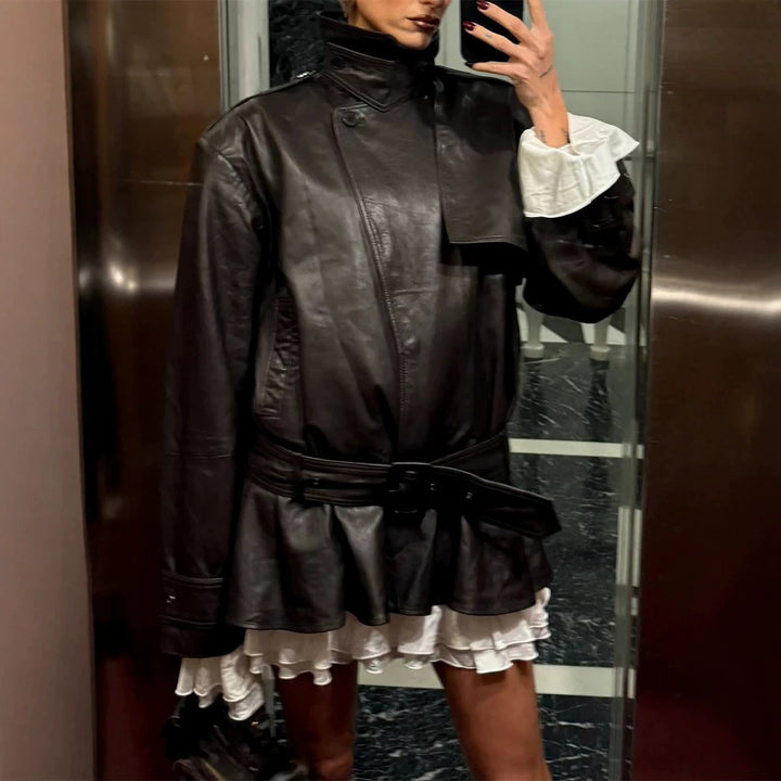Ladies Oversize Leather Jacket with Tailoring Tie Belt and Ruffle Hem Amarae