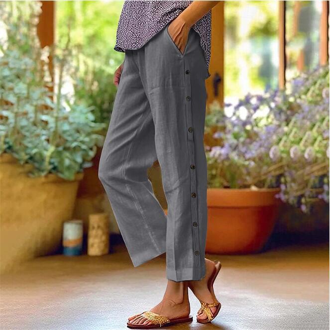 Linen pants for women with side button details and relaxed fit Lune London