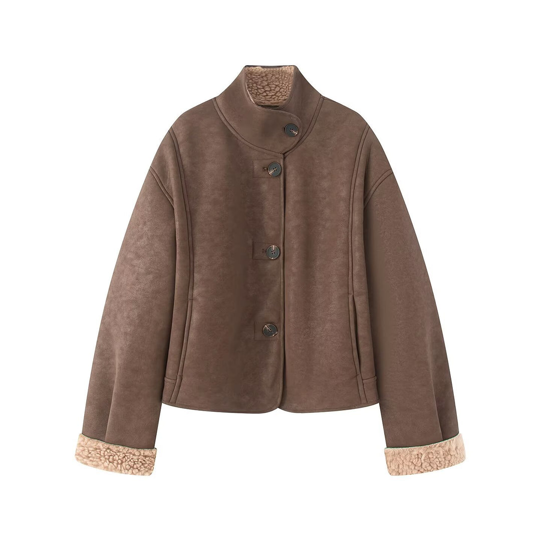 Women's Short Lambskin-Look Jacket with Stand-up Collar and Button Placket Amarae