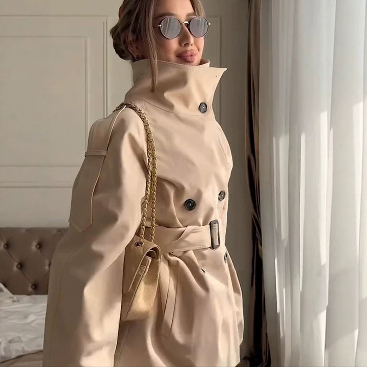 Women's Short Boxy Trench Coat with High Standing Collar, Double-Breasted Front & Waist Belt Amarae