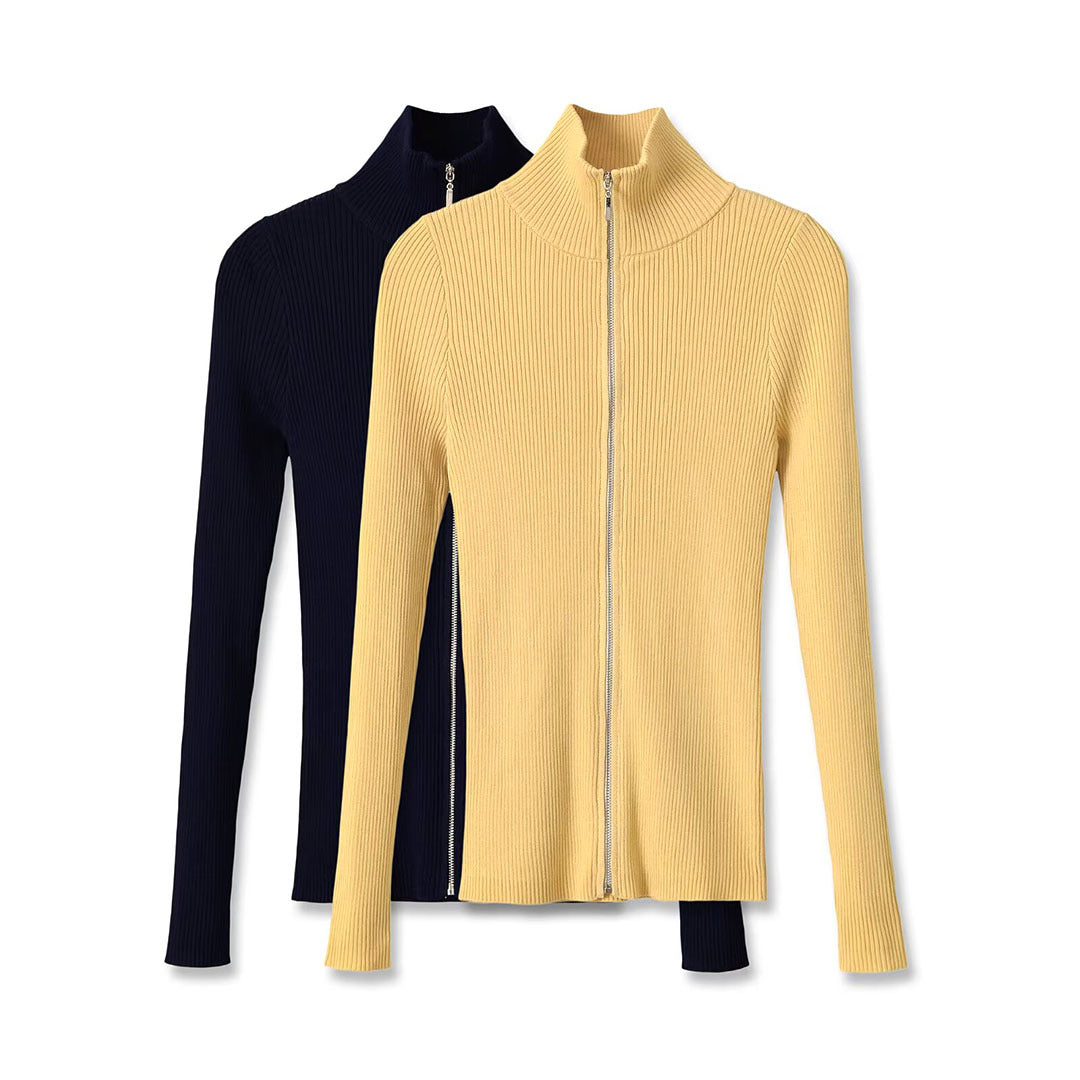 Women's Ribbed Fine Knit Cardigan with Full Zip and Stand-Up Collar Amarae