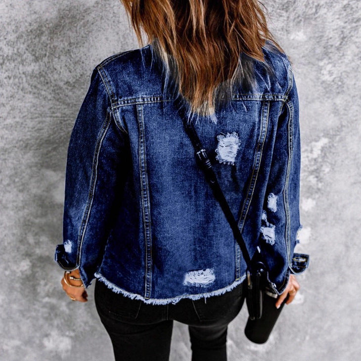 Women's Waist-Cinched Denim Trucker Jacket with Light Destroyed Effect and Fringed Hem Amarae