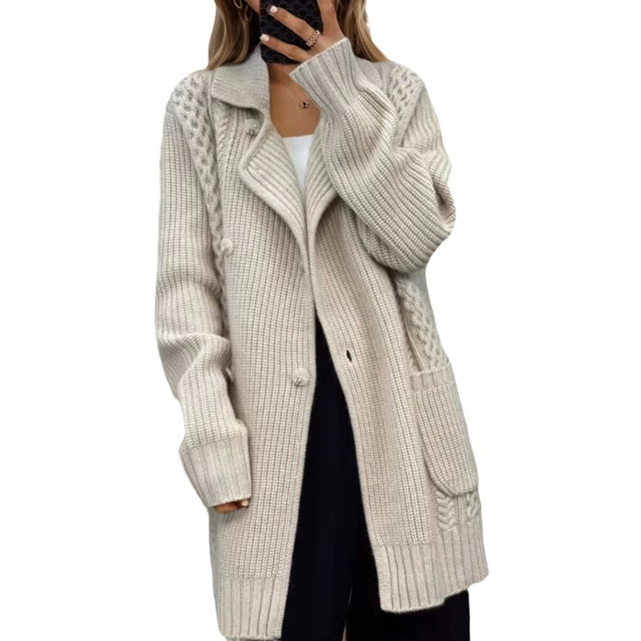Knitted jacket for women with adjustable belt and textured cable pattern Lune London