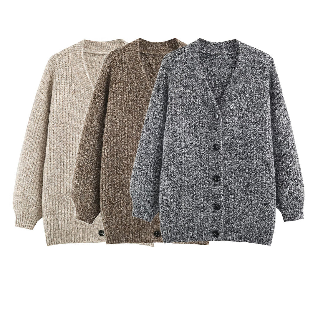 Women Oversized Chunky Knit Cardigan with Deep V-Neck, Ribbed Texture and Balloon Sleeves Amarae