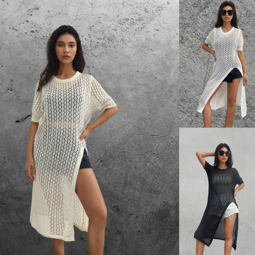 Ladies long knitted kimono with open design and breathable mesh structure Amarae