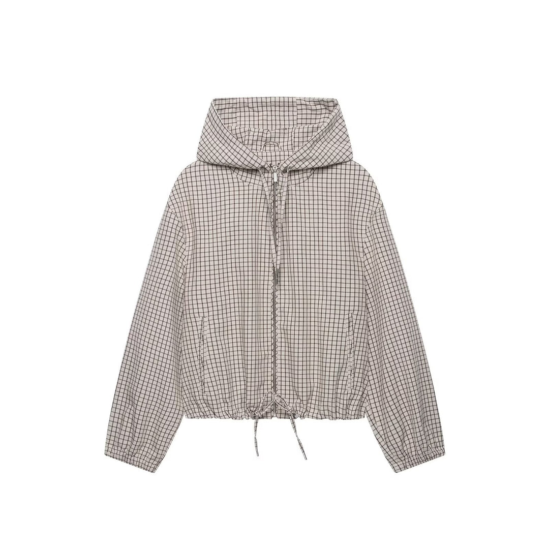 Women Lightweight Hooded Jacket in Check Pattern with Drawstring Hem and Elastic Cuffs Amarae
