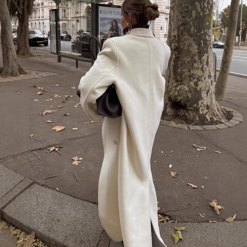 Women's Maxi Double-Breasted Wool Blend Coat with Oversized Cut and Lapel Collar Amarae