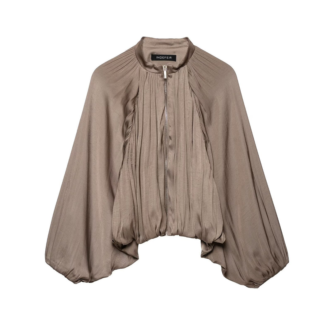 Women Pleated Cropped Cape Jacket with Zipper and Ballooned Hem Amarae