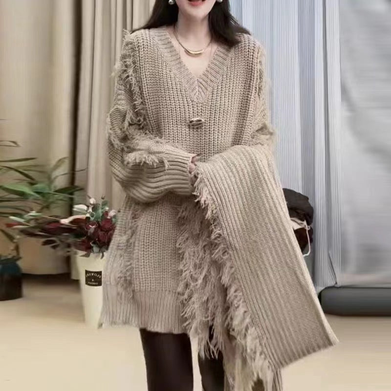 Pull en tricot surdimensionné femme avec franges et décolleté en V Chic & Stil