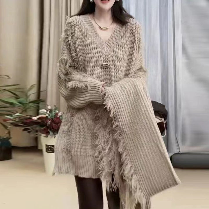 Pull en tricot surdimensionné femme avec franges et décolleté en V Chic & Stil