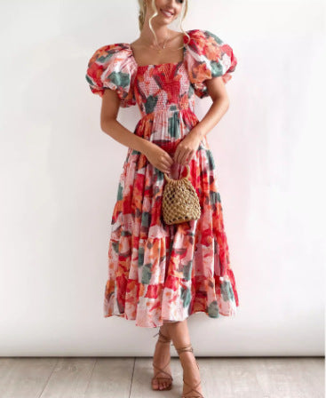 Maxi dress with ruffles off the shoulders for women with floral pattern Lune London