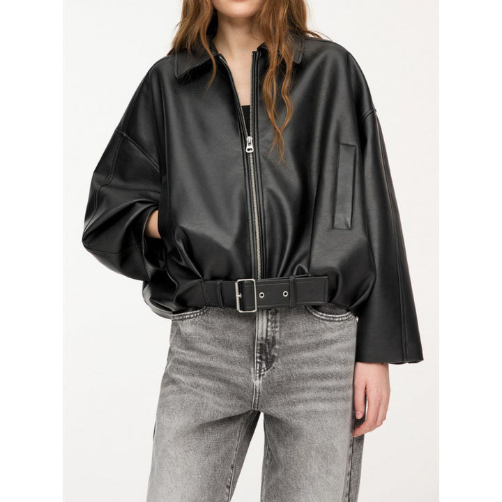 Women Oversized Leatherette Blouson with Waist Belt Amarae