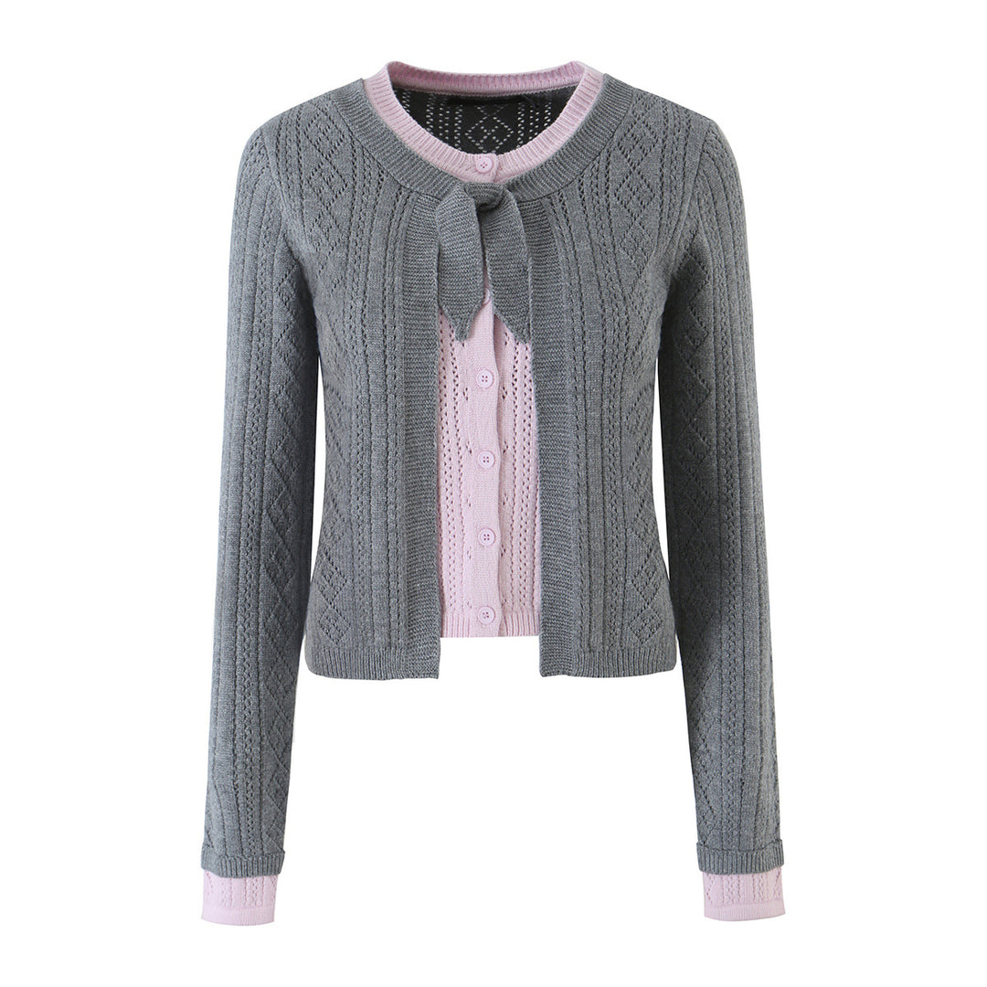 Women Fine Knit Two-Piece Cardigan with Bow Collar and Decorative Waistcoat Amarae