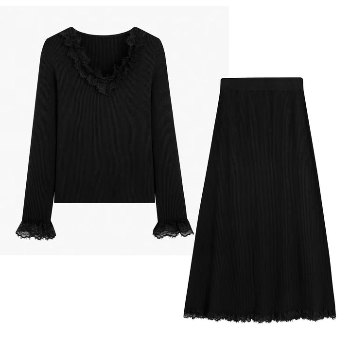 Women Two-Piece Ribbed Knit Set with Lace Trim Amarae