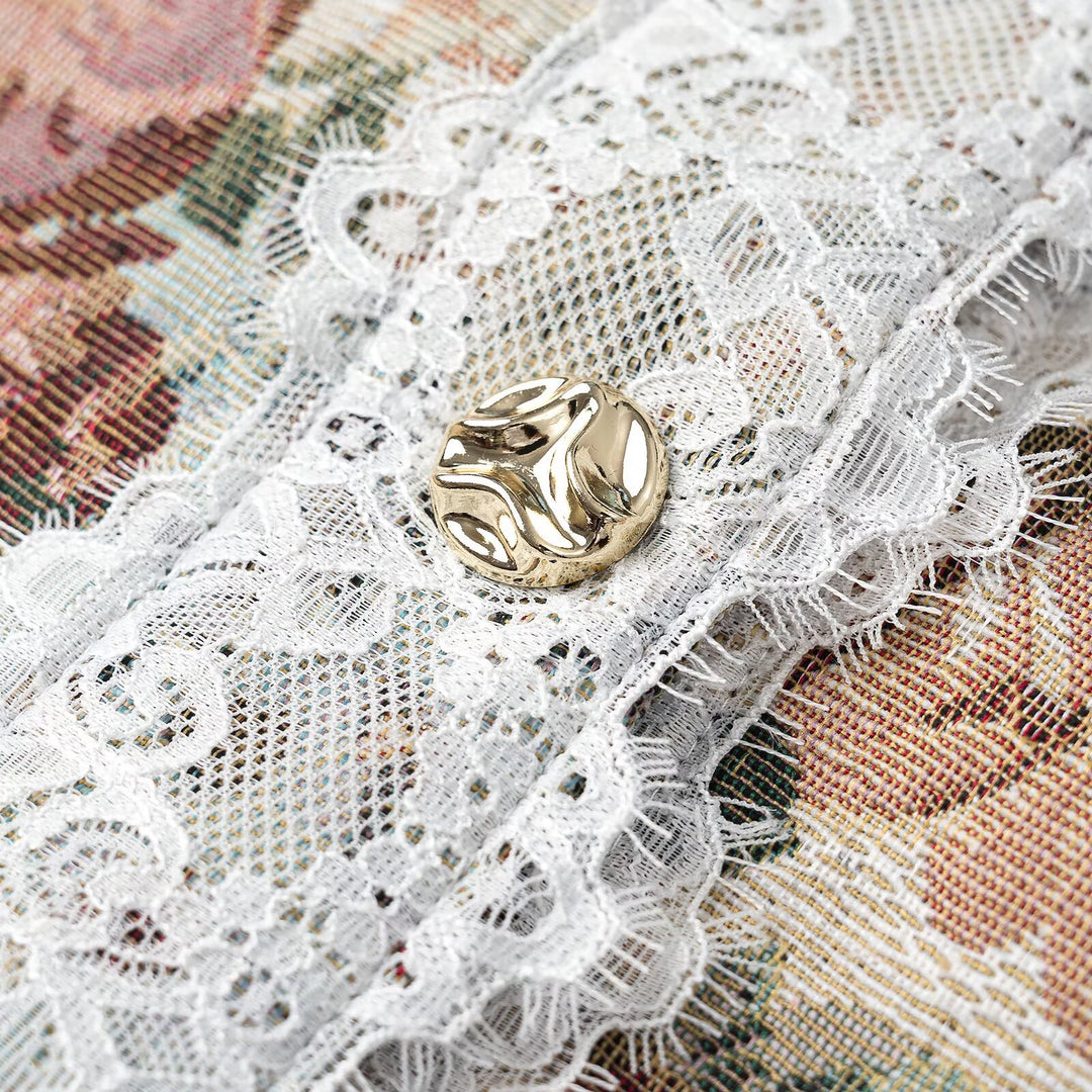 Women's elegant brocade waistcoat with floral jacquard texture, decorative buttons, and lace trim Amarae