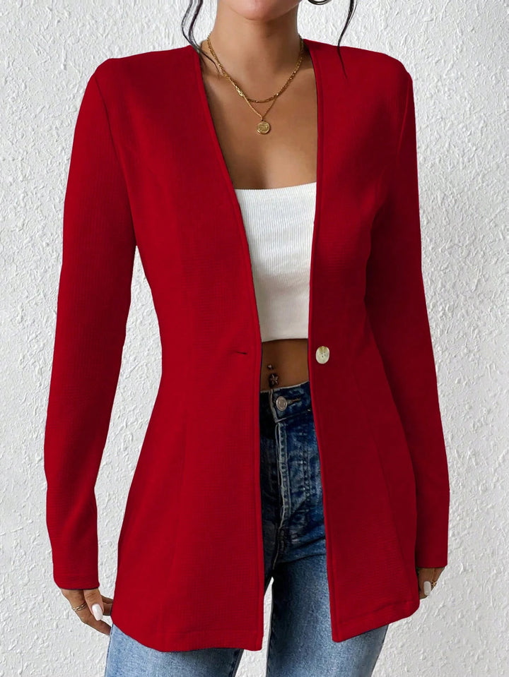 Ladies Tailored Long Blazer with V-Neck and One-Button Closure Amarae