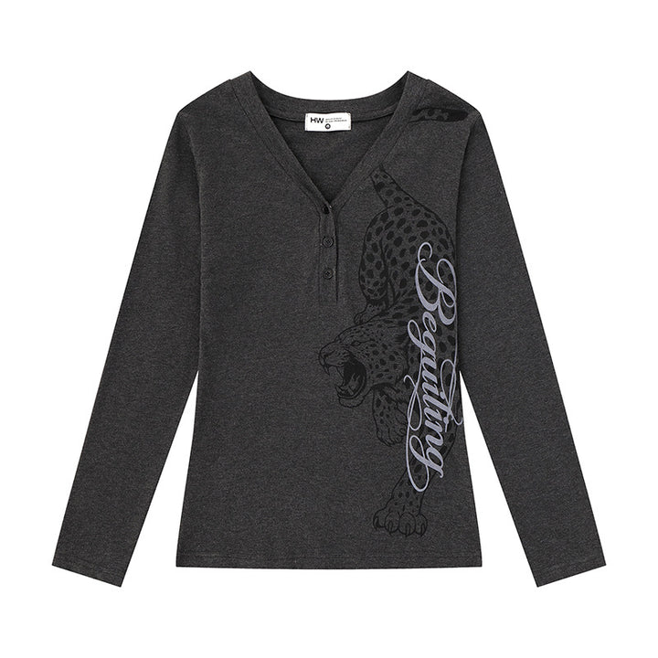 Women's Long Sleeve Henley Shirt with V-Neck and Large Panther Print Amarae