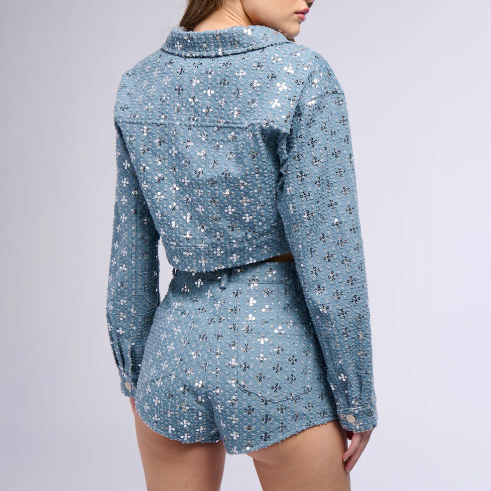 Cropped denim jacket for women with sparkling star pattern and matching shorts Lune London