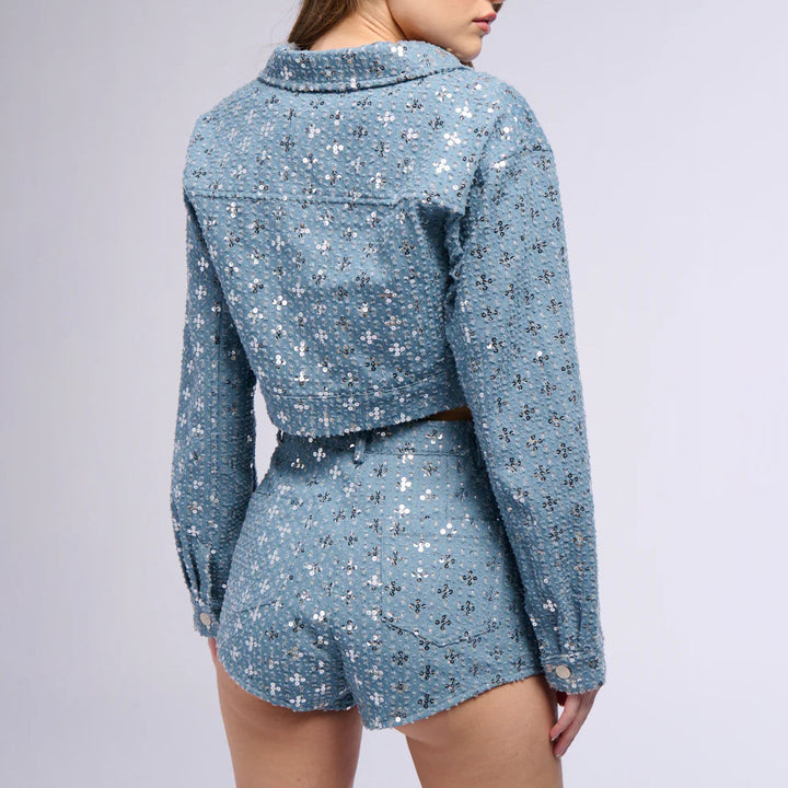 Cropped denim jacket for women with sparkling star pattern and matching shorts Lune London