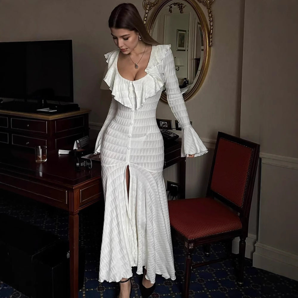 Women's Figure-Hugging Maxi Dress with Ruffle Neckline, Bell Sleeves, and Split Amarae