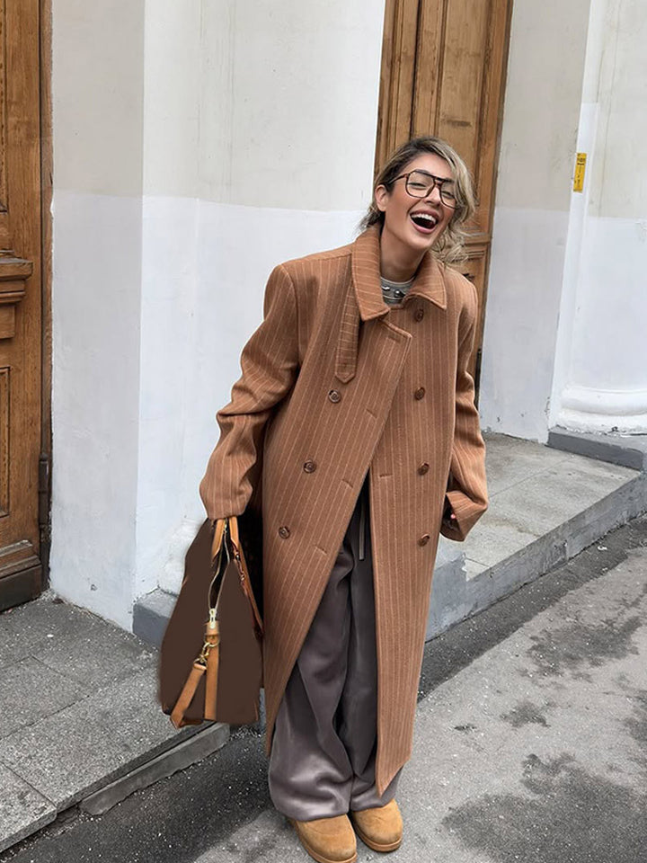 Women Double-Breasted Oversized Wool Blend Coat with Pinstripes and Loose Fit Amarae
