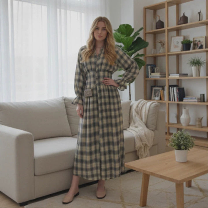 Ladies Max Dress in Checked Button-Up Blouse Style with Waist Belt and Ruffled Cuffs Amarae