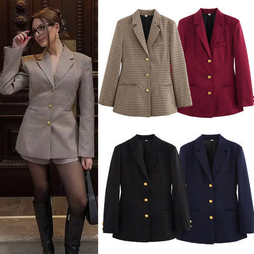 Women modern checked blazer with golden buttons Amarae