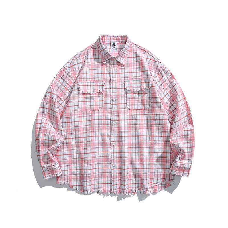 Unisex Boxy overshirt in checked linen blend with frayed hem and patch pockets Amarae