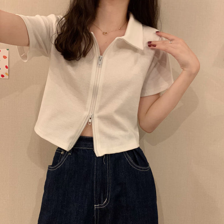 Women Cropped Polo Shirt with Zipper and Textured Finish Lune London