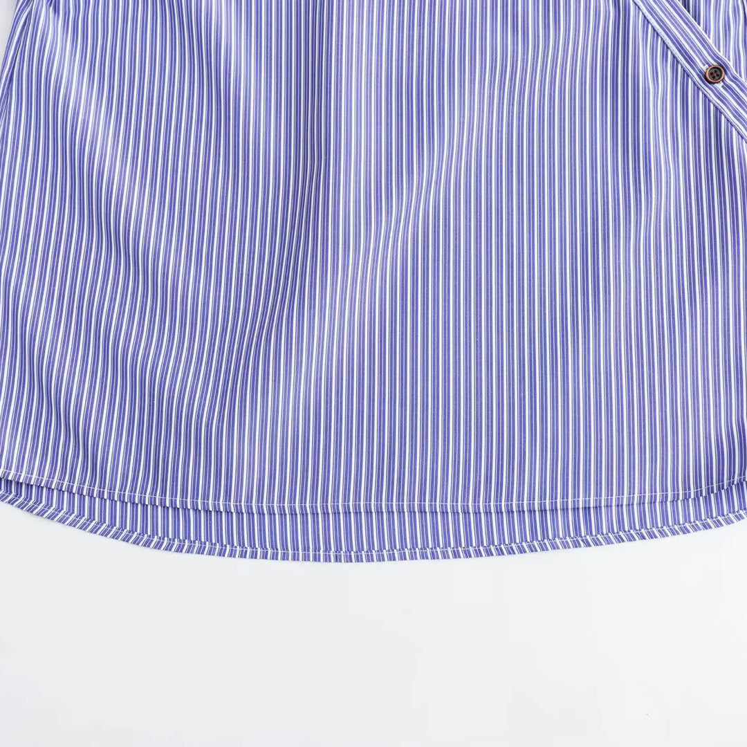 Women's Oversize Striped Blouse with Diagonal Button Placket and Kent Collar Amarae