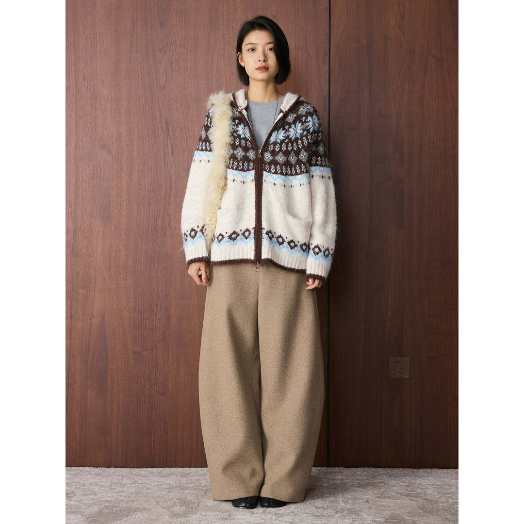 Ladies hooded cardigan made of mohair blend with Norwegian knit and zipper Amarae