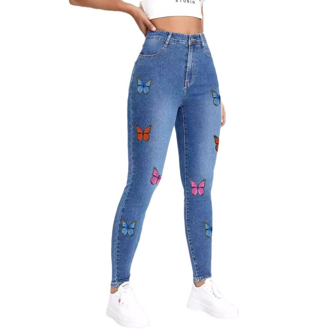 Women slim-fit high-waist jeans leggings with colorful butterfly print Amarae
