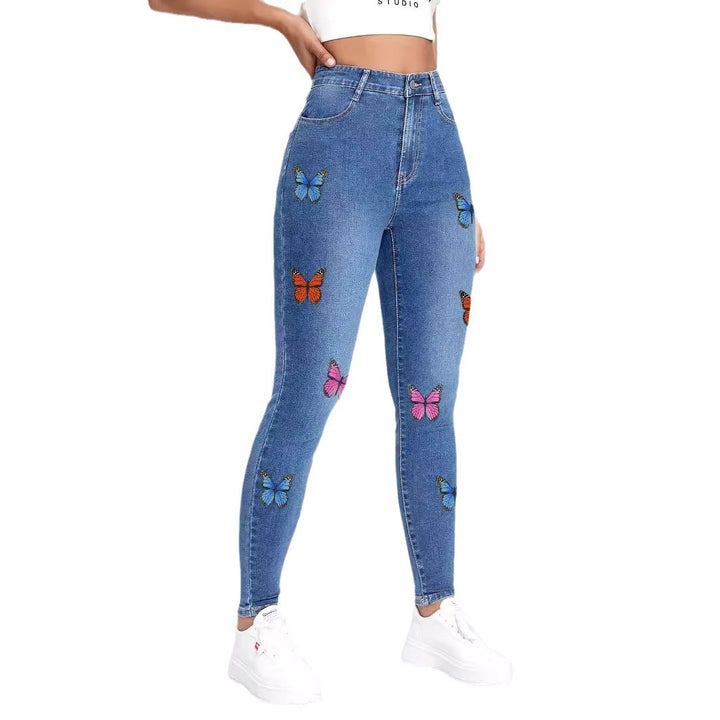 Women slim-fit high-waist jeans leggings with colorful butterfly print Amarae